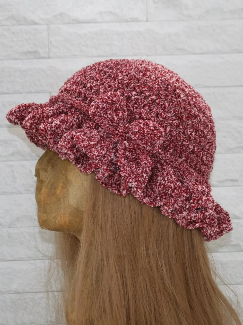 HAND CRAFTED Hat Crochet Bucket Chenille Winter Full Ruffle Red Burgundy Marled